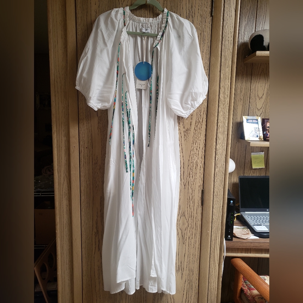 RHODE Target Maxi Dress Cover-Up Boho Festival XXL White Green Puff Sleeve Flowy